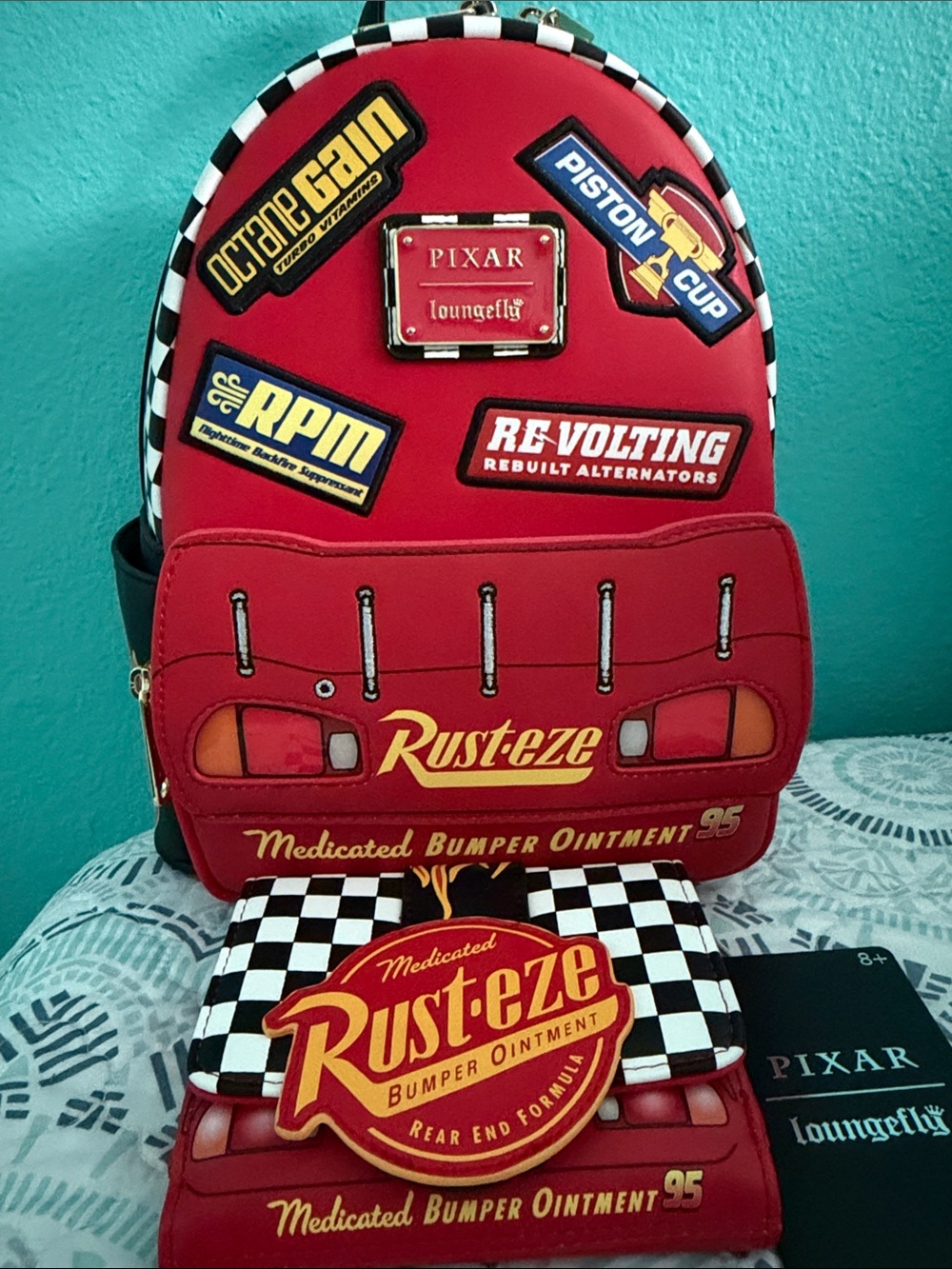 SET Loungefly Disney Pixar Cars Lightning McQueen Light-Up Backpack & Wallet NWT